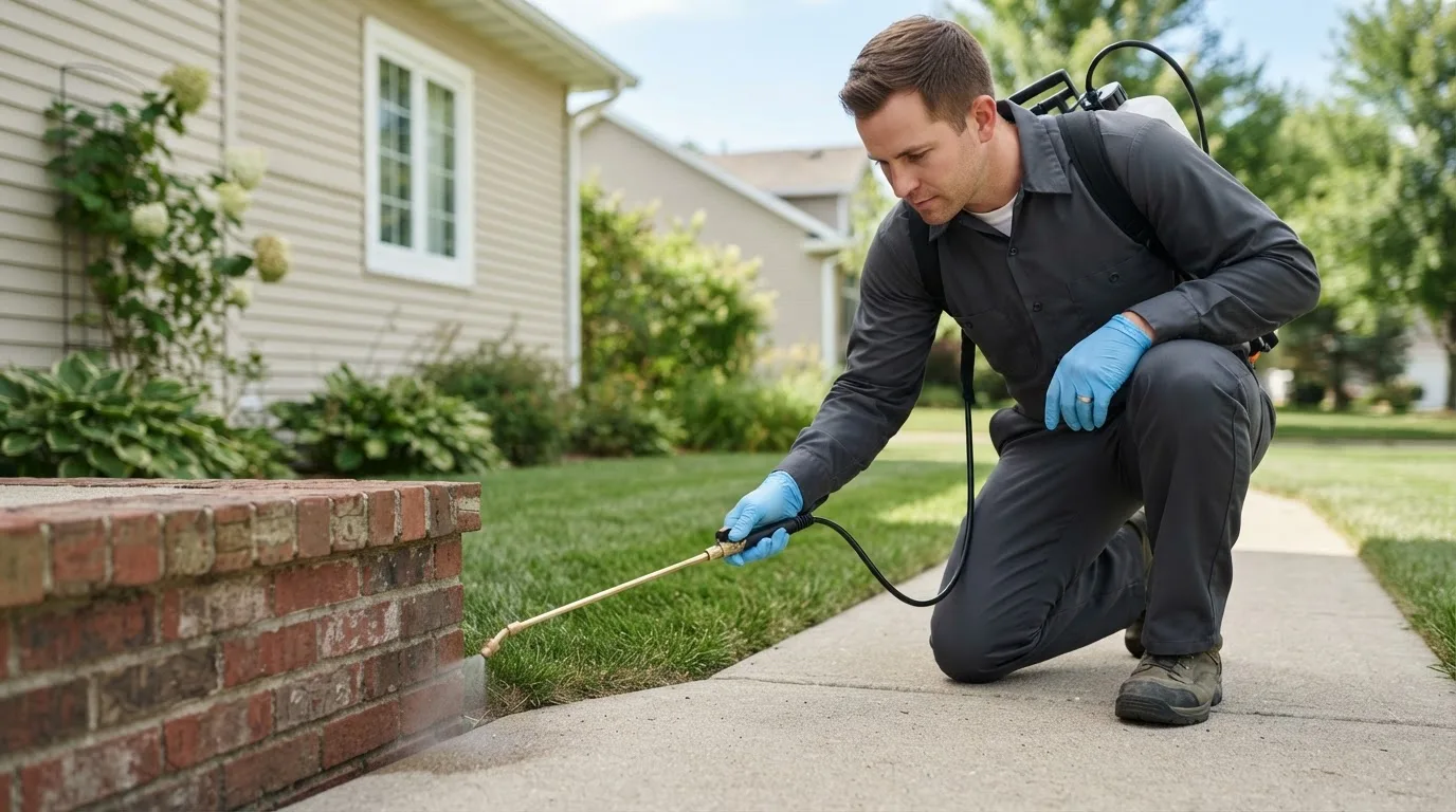 Pest control technician treating a home near Henderson, KY